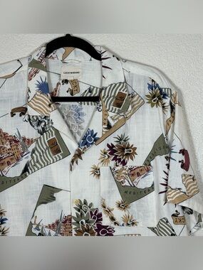 Lucky Brand Men’s L Mediterranean Postcard Print Camp Collar Button Down Cotton